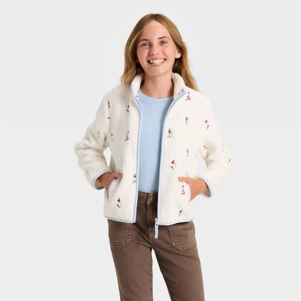 Cat & Jack Girls Faux Shearling Zip-Up Jacket Sherpa Fleece Whimsical Size 4/5